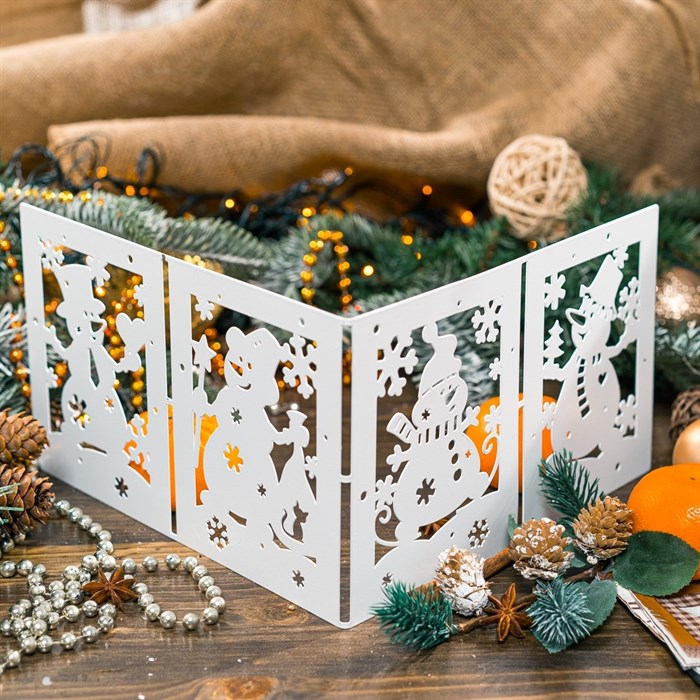 Ширма декоративная Открытки снеговика новогодняя белая металл длина 48см 200-053W - фото 126693