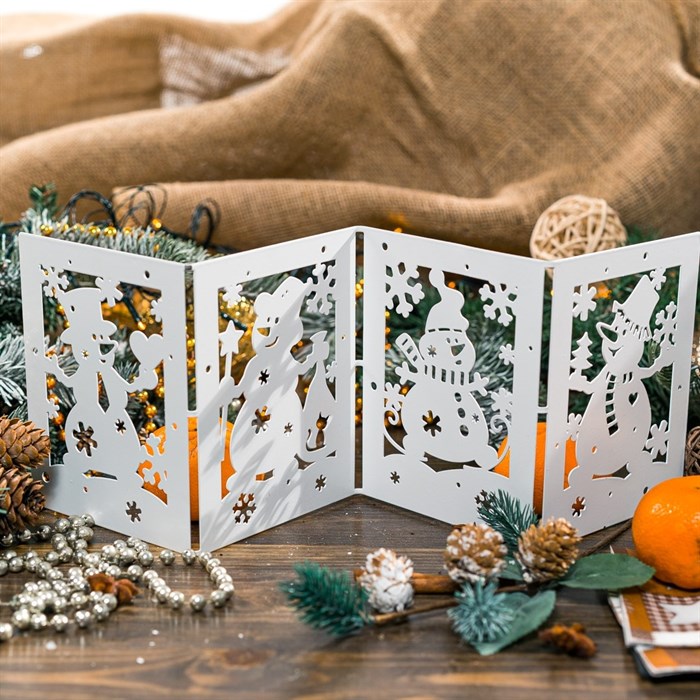 Ширма декоративная Открытки снеговика новогодняя белая металл длина 48см 200-053W - фото 126695