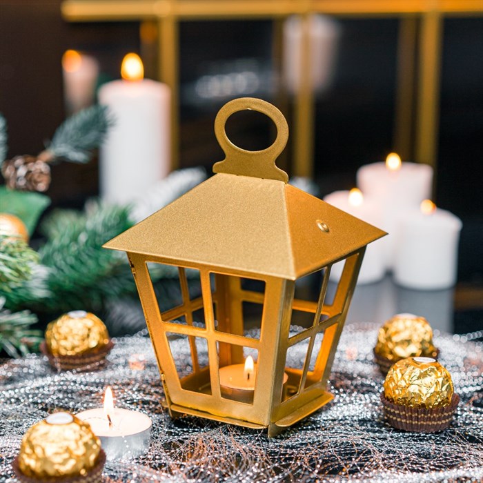Подсвечник новогодний Фонарь золотой металл 730-085G - фото 126836