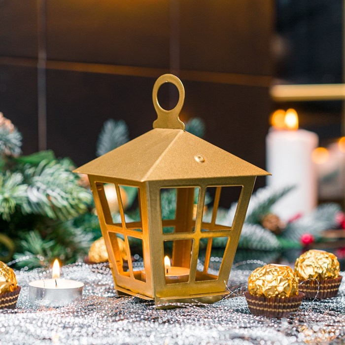 Подсвечник новогодний Фонарь золотой металл 730-085G - фото 126837