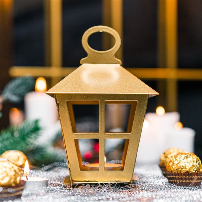 Подсвечник новогодний Фонарь золотой металл 730-085G - фото 126838