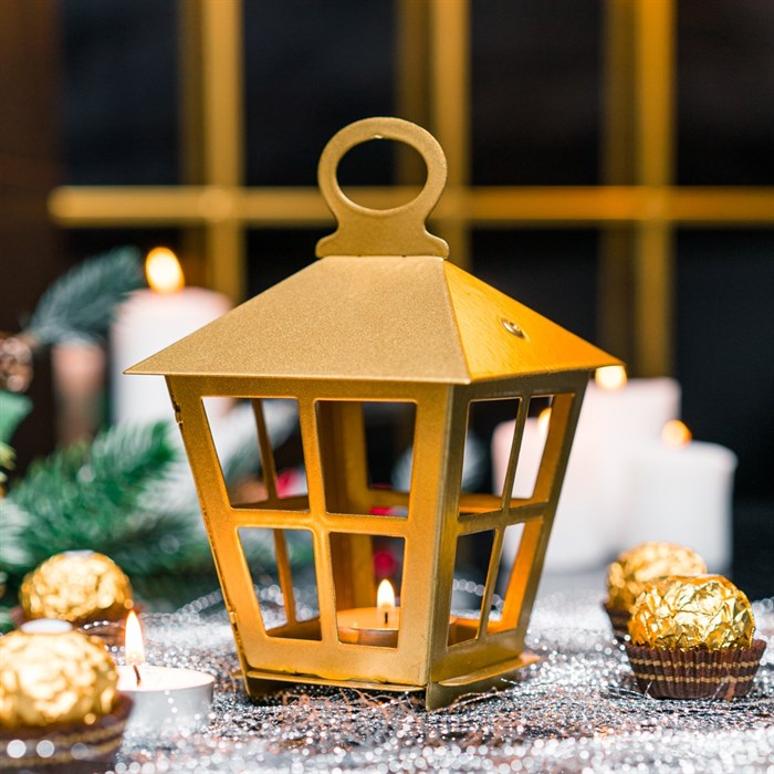 Подсвечник новогодний Фонарь золотой металл 730-085G - фото 126839