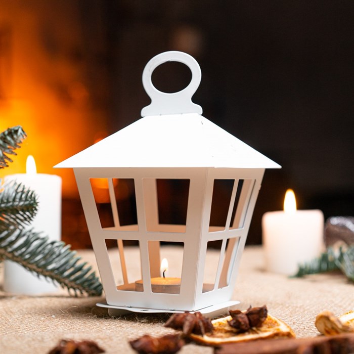 Подсвечник новогодний Фонарь белый металл 730-085W - фото 126852
