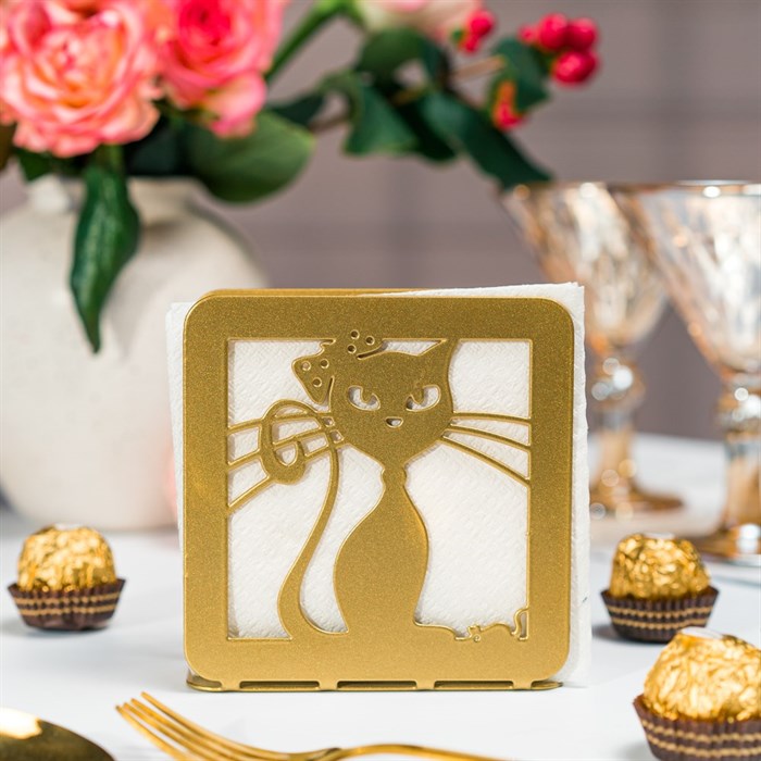 Салфетница кухонная Кошка металлическая золотая 703-018G - фото 126859