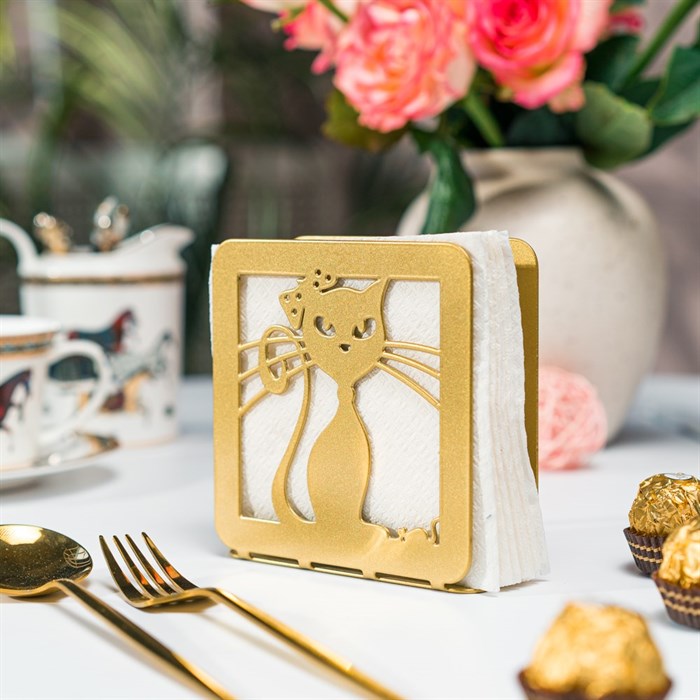 Салфетница кухонная Кошка металлическая золотая 703-018G - фото 126861