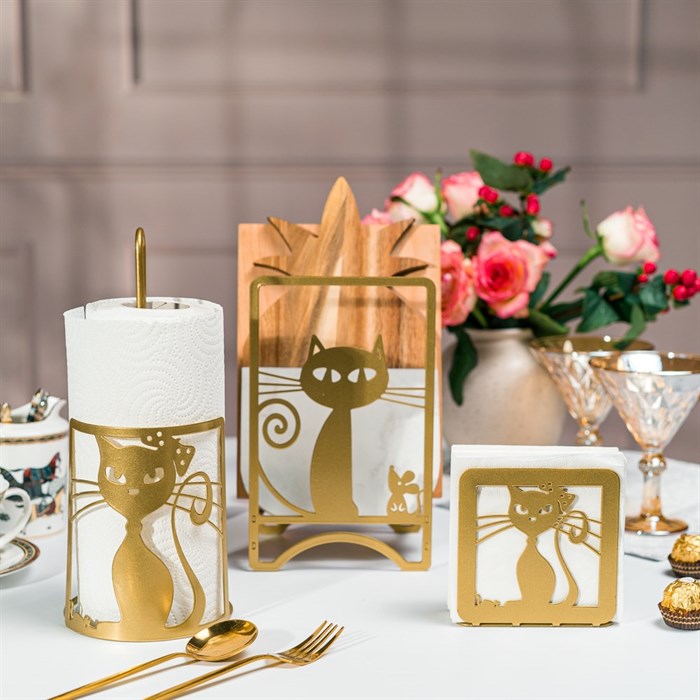 Салфетница кухонная Кошка металлическая золотая 703-018G - фото 126863