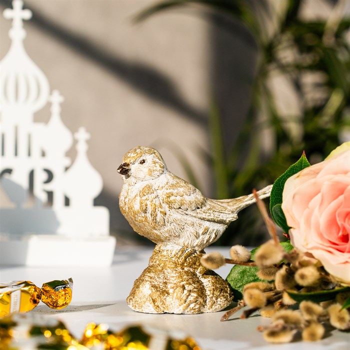 Фигурка новогодняя Воробей бело-золотой высота 11см полистоун U08955-WG - фото 127359
