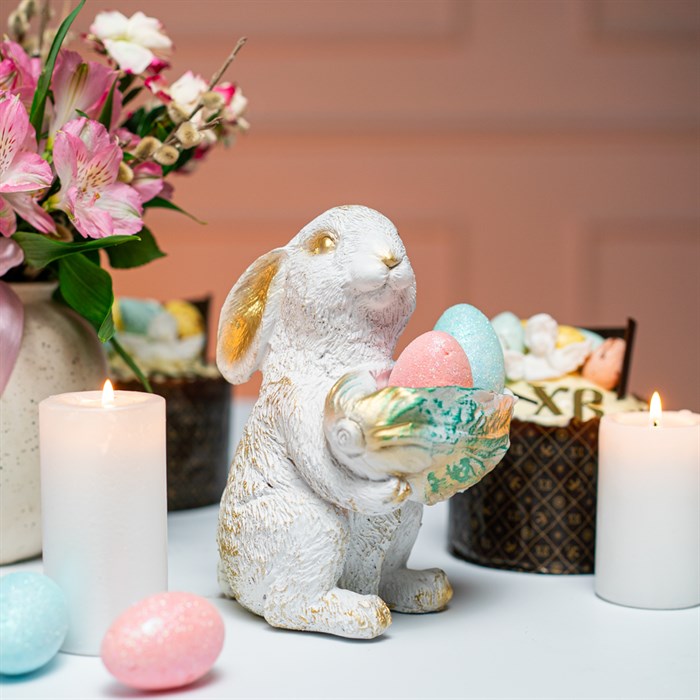 Фигура кашпо садовая бело-золотая Зайчонок с салатом U09090-WG - фото 127392