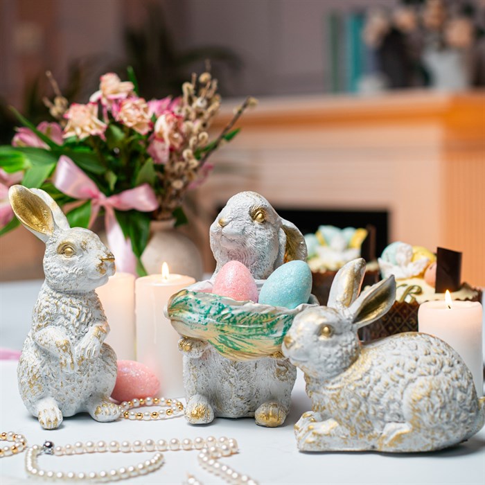 Фигура кашпо садовая бело-золотая Зайчонок с салатом U09090-WG - фото 127394