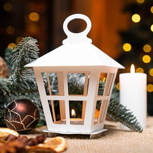 Подсвечник новогодний Фонарь белый металл 730-085W - фото 126850