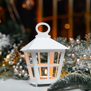 Подсвечник новогодний Фонарь белый металл 730-085W - фото 126851