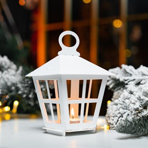 Подсвечник новогодний Фонарь белый металл 730-085W - фото 126853