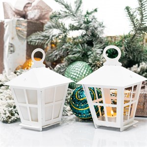 Подсвечник новогодний Фонарь белый металл 730-085W - фото 126854