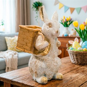 Кашпо декоративное фигура Заяц с корзиной бело-золотой 32см U09092-WG